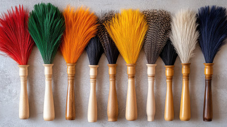 A vibrant assortment of colorful feather dusters arranged in a neat row on a subtle background, perfect for cleaning and enhancing home decor with style and functionality.の素材