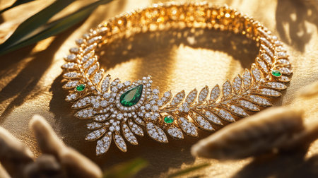 Stunning gold necklace featuring intricate emerald and diamond accents, beautifully lit against a soft golden background, capturing luxury and elegance in a natural setting.の素材