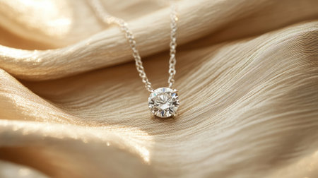This close-up image features an exquisite silver necklace adorned with a brilliant round diamond, elegantly displayed on luxurious satin fabric, perfect for showcasing high-end jewelry.の素材