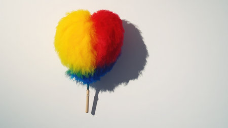 A vibrant heart-shaped fluffy duster in red, yellow, and blue colors, casting a gentle shadow, ideal for showcasing creativity in home cleaning or decorative concepts.の素材