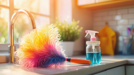 A colorful duster and spray bottle rest on a sunlit kitchen countertop, showcasing a vibrant cleaning scene that symbolizes cleanliness and freshness in a domestic environment.の素材