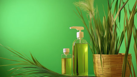 This vibrant image features elegant glass bottles of natural oils complemented by fresh green plants, creating a serene and inviting atmosphere perfect for health and beauty themes.の素材