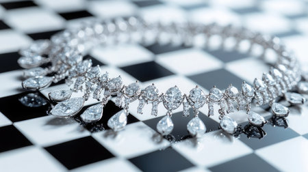 Stunning diamond necklace displayed against a classic checkered background, highlighting its intricate design and sparkling gemstones ideal for luxury and fashion photography.の素材