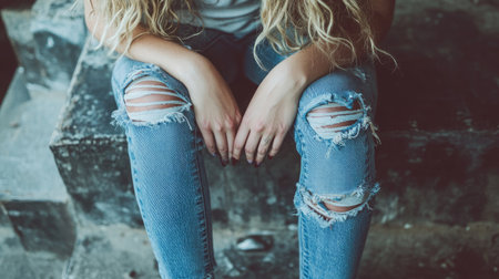 A young woman with long hair sits casually on concrete steps, showcasing her ripped jeans and relaxed posture, capturing a moment of urban style and individuality.の素材