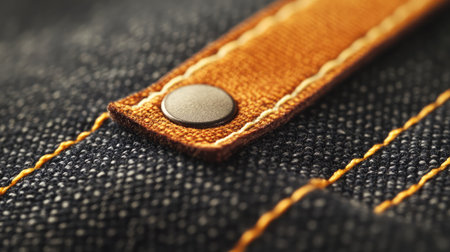 This close-up image features textured denim fabric with brown stitching and a metal rivet, highlighting the intricate details of fashion craftsmanship and design.の素材