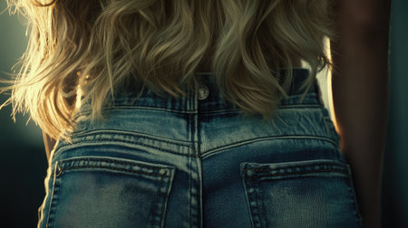 A captivating image of a woman with long wavy hair showcasing her stylish distressed denim jeans against a sunlit backdrop, perfect for fashion and lifestyle themes.の素材