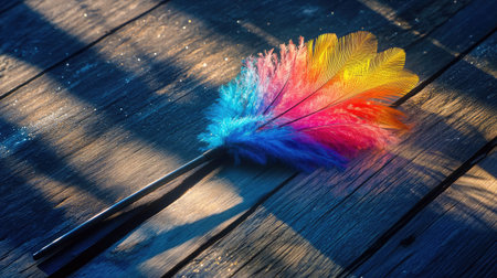 A vibrant feather pen rests on a weathered wooden surface, softly illuminated by sunlight, creating an inspiring atmosphere perfect for writing and artistic exploration.の素材