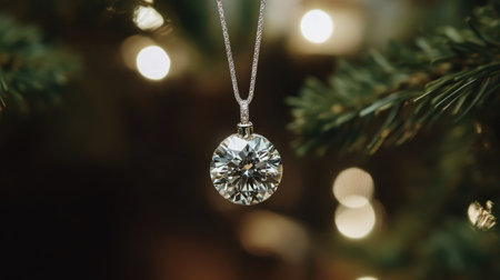 Elegant diamond pendant elegantly hangs on a Christmas tree branch, surrounded by soft bokeh lights, capturing the essence of festive celebrations and luxury jewelry.の素材