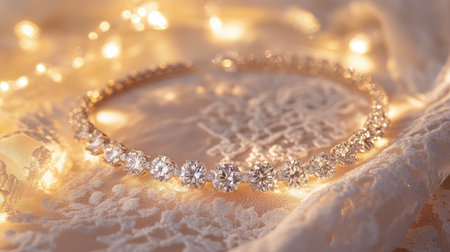 A stunning diamond necklace beautifully placed on delicate lace fabric, illuminated by soft lights, representing elegance and luxury ideal for fashion and jewelry photography.の素材