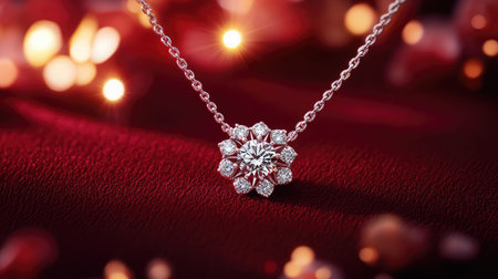 Stunning diamond necklace featuring a floral design, elegantly placed on a rich red velvet background, exemplifying luxury and sophistication for jewelry lovers.の素材