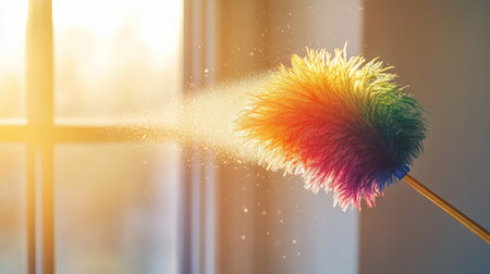 A colorful feather duster removes dust from a window, illuminated by bright sunlight, creating a beautiful sparkling effect that enhances the cleaning experience.の素材