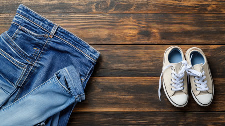 A casual clothing arrangement showcasing denim jeans and classic sneakers on a rustic wooden background, ideal for lifestyle, fashion, and outfit inspiration.の素材