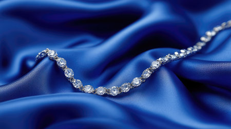 Exquisite diamond necklace beautifully arranged on rich royal blue satin, capturing elegance and luxury ideal for jewelry showcases and promotional materials.の素材