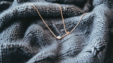 A beautifully detailed rose gold necklace rests on a soft knitted fabric, creating a luxurious and cozy atmosphere perfect for showcasing jewelry and fashion styles.の素材
