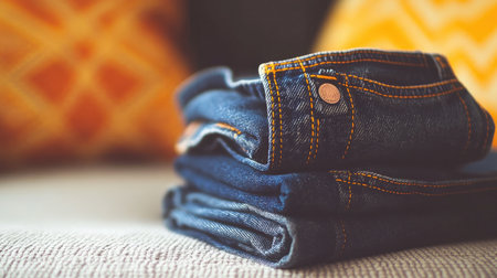 A stylish arrangement of folded denim jeans rests on a cozy couch, enhanced by colorful decorative cushions, creating a warm and inviting atmosphere perfect for fashion and lifestyle themes.の素材