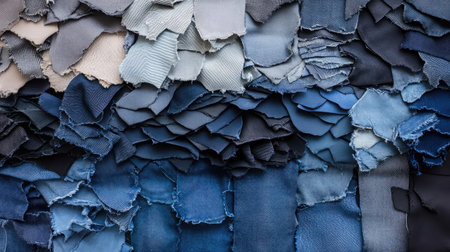 A close-up view of layered torn denim fabric pieces in various shades of blue, showcasing texture and depth, ideal for fashion, design, and artistic projects.の素材