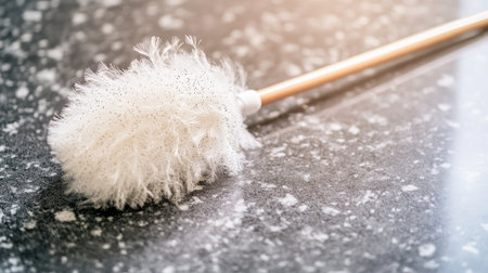 A close-up view of a soft feather duster placed on a polished dark stone surface, an essential cleaning tool that brings style and efficiency to household or office chores.の素材