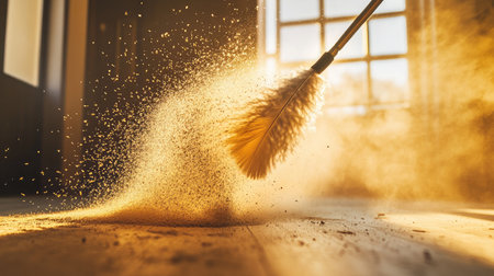 A feather duster sweeps over a wooden floor, casting dust particles into the sunlight, creating a warm and inviting atmosphere in a cozy home. Perfect for illustrating cleanliness.の素材