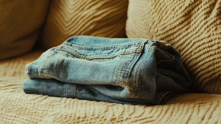 A pair of expertly folded blue denim jeans laid on a plush couch, showcasing a soft textured fabric that creates a warm and inviting home atmosphere. Perfect for lifestyle visuals.の素材