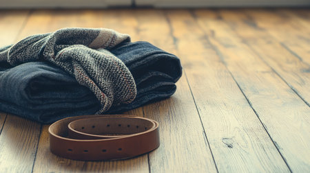 A cozy knit scarf gently layered over rolled denim jeans rests on a warm wooden floor, creating an inviting atmosphere perfect for seasonal styling and relaxation.の素材