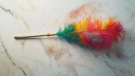 A vibrant and colorful feather duster, resting on a marble surface, showcasing artistic flair and functionality, ideal for both cleaning tasks and decorative displays.の素材