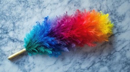 A vibrant and colorful feather duster resting on a marble surface, ideal for creative photography and home decor concepts, showcasing bright, feathery textures.の素材
