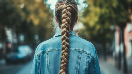 A young woman in a denim jacket walks away, showcasing her long braided hair as she enjoys the serene city atmosphere filled with greenery and sunlight.の素材