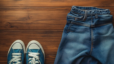 A top-down view featuring blue denim jeans and stylish sneakers on a wooden surface, ideal for capturing casual fashion and lifestyle themes in photography and marketing.の素材