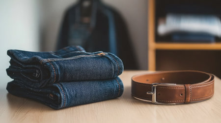 This image features stylish folded denim jeans paired with a brown leather belt, set on a wooden surface, enhancing contemporary fashion aesthetics in a modern setting.の素材