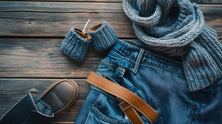 A cozy casual outfit layout showcasing denim jeans, a warm knitted scarf and gloves, and comfortable footwear on a rustic wooden background, ideal for fall and winter looks.の素材