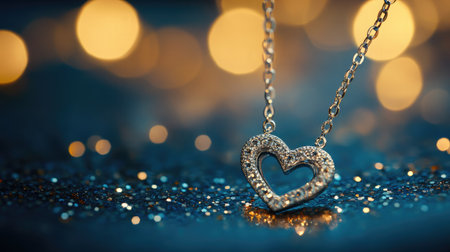 A stunning silver heart pendant elegantly rests on a delicate chain, beautifully accented by sparkling bokeh lights, ideal for love-themed photography or elegant jewelry displays.の素材