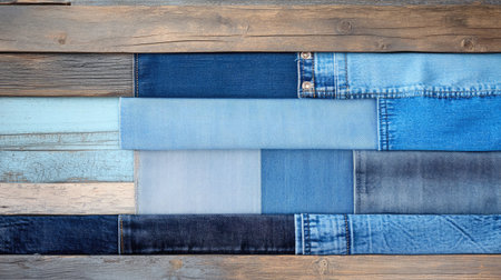 Discover a captivating arrangement of denim fabric pieces showcasing varied shades and textures against a rustic wooden backdrop, perfect for textile and fashion projects.の素材