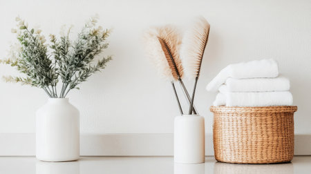 Discover a serene bathroom scene featuring minimalistic decor, soft towels, and elegant vases that create a fresh and inviting atmosphere in any modern home setting.の素材