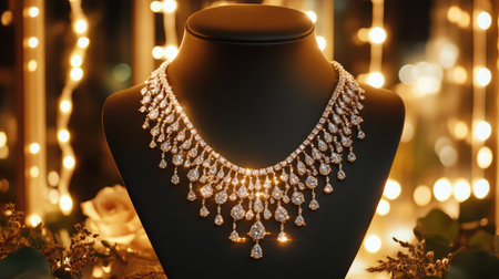 A stunning diamond necklace showcased on a black mannequin, highlighted by a warm bokeh background creating a luxurious atmosphere ideal for jewelry marketing.の素材