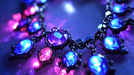 A captivating close-up of a vibrant jewelry necklace featuring colorful gemstones, beautifully illuminated to showcase its exquisite design and craftsmanship, ideal for fashion lovers.の素材