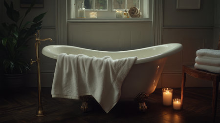 A serene bathroom scene featuring a classic bathtub adorned with soft towels and flickering candles, providing a tranquil ambiance perfect for relaxation and self-care.の素材