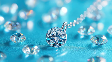 A breathtaking close-up image of a diamond pendant on a rich blue background, surrounded by sparkling diamonds, showcasing luxury and elegance in jewelry design.の素材