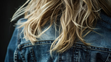 A detailed shot of long, wavy blonde hair flowing over a blue denim jacket, captured in soft natural light, highlighting the texture and elegance of this fashionable look.の素材