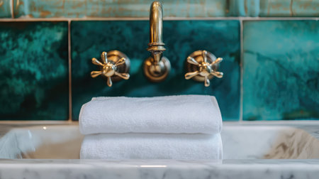 This image showcases a beautifully designed bathroom with stacked white towels on a marble sink, accented by vintage brass faucets and vibrant teal tiles.の素材