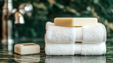 A serene bathroom scene featuring neatly stacked soft white towels alongside elegant bars of soap on a polished marble countertop, perfect for relaxation and wellness.の素材