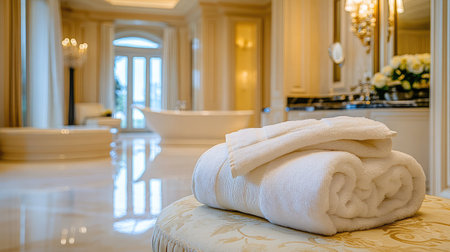 A sophisticated bathroom featuring plush white towels on a decorative stool, creating a calm and inviting atmosphere for relaxation and pampering in a luxurious setting.の素材