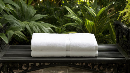 A beautifully arranged stack of soft white towels rests on a black bench, embraced by vibrant green foliage, creating a serene and inviting atmosphere for relaxation.の素材