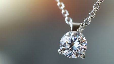 A stunning close-up image of a diamond pendant hanging from a silver chain, beautifully capturing its brilliance and elegance. Perfect for jewelry, fashion, and luxury themes.の素材
