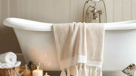 A beautifully arranged vintage bathtub setting, highlighting soft towels and flickering candles, creating a calming ambiance ideal for a soothing bathing experience at home.の素材