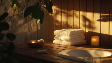 A tranquil spa bathroom setting featuring neatly stacked towels, soft candlelight, and natural decor elements, creating an inviting space for relaxation and self-care.の素材