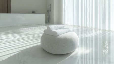 A serene and stylish minimalist interior showcasing a soft white pouf with neatly stacked towels, bathed in calming sunlight through elegant vertical blinds.の素材