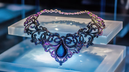 Stunning black and purple necklace beautifully displayed on glass, highlighting intricate design and luxurious appeal, perfect for fashion lovers and jewelry collectors.の素材