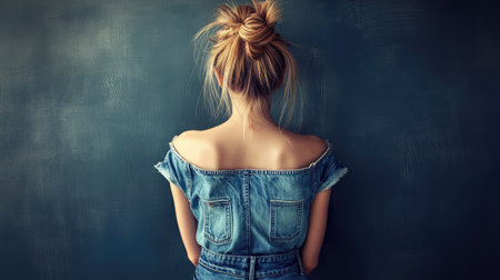 A young woman poses stylishly in a denim dress with a relaxed bun hairstyle against a dark wall, embodying modern fashion and effortless beauty in a serene indoor setting.の素材