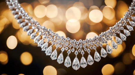 Stunning diamond necklace with intricate details and a beautiful design set against a dreamy bokeh background, ideal for showcasing luxury and elegance in fashion photography.の素材