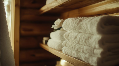 A serene spa interior featuring freshly stacked white towels on rustic wooden shelves, creating a tranquil atmosphere with warm natural light illuminating the space.の素材